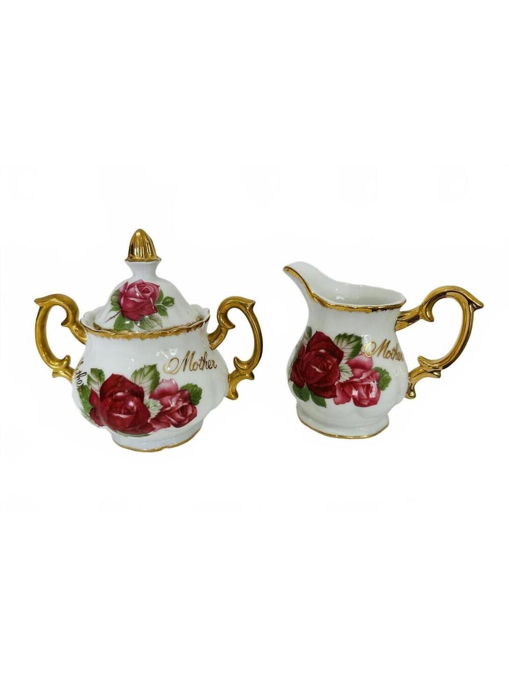 Vintage Norcrest Porcelain 'Mother' Creamer Sugar Set Roses & Gold Trim Japan